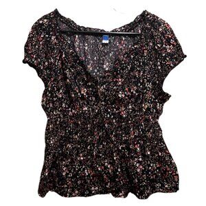 Old Navy Black Floral Short-Sleeve Blouse